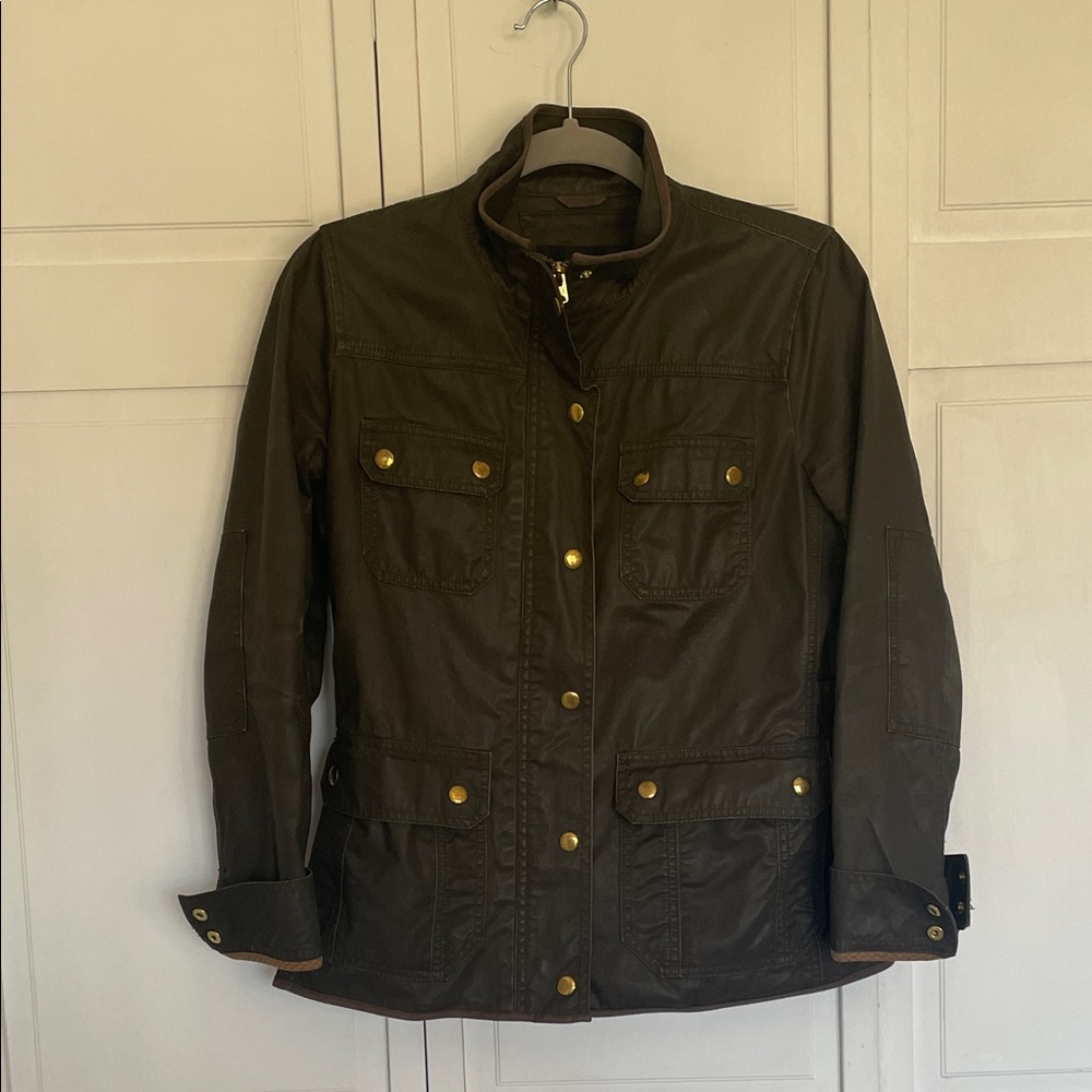 J. Crew Olive Waxed 100% Cotton Jacket with Brass Details SzS